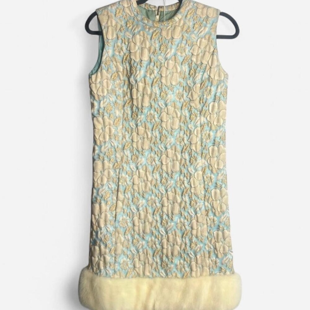 Charming vintage 1960's Brocade dress with mink fur trim
